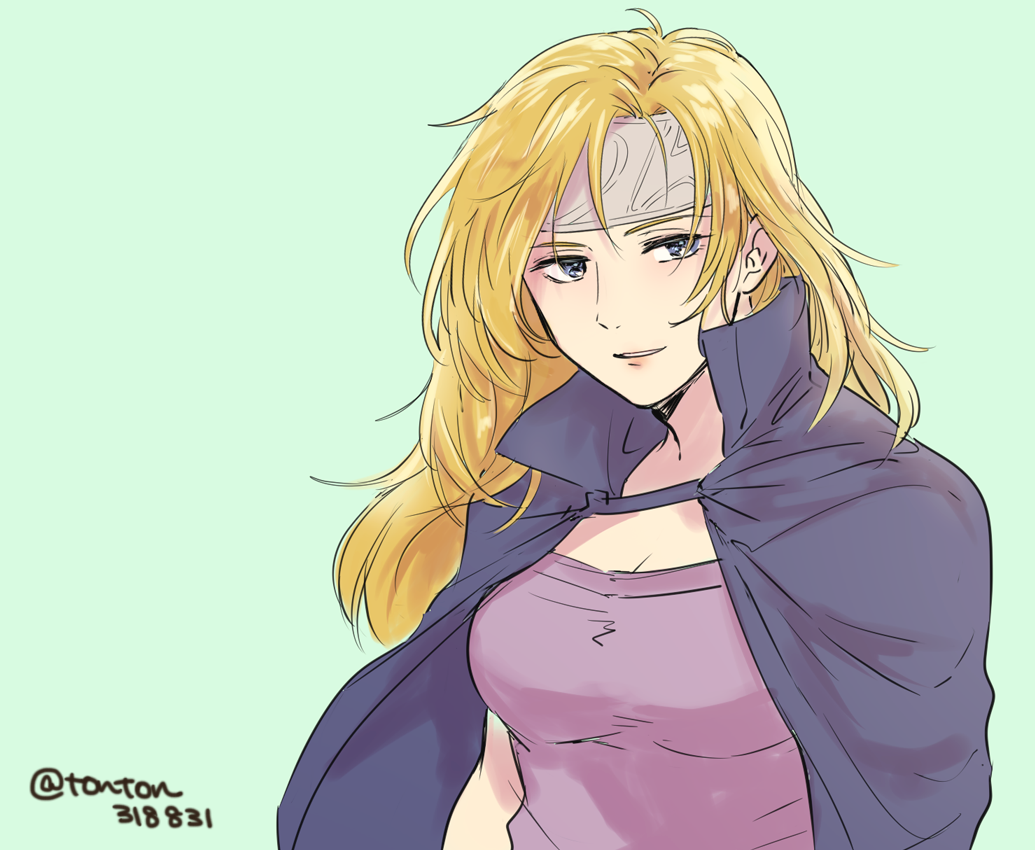1girl blonde_hair blue_eyes breasts closed_mouth dress fire_emblem fire_emblem:_radiant_dawn green_background green_dress headband heather_(fire_emblem) long_hair medium_breasts nintendo simple_background solo tonton318831 upper_body