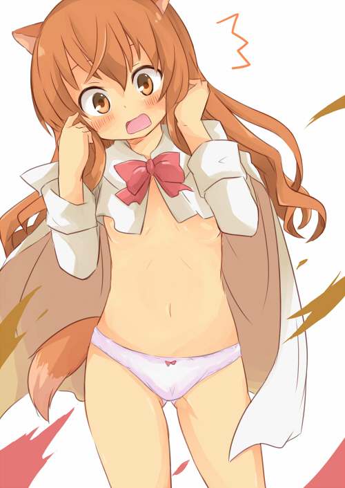 10s 1girl altorealize animal_ears blush bow brown_eyes brown_hair cape dog_days dog_ears dog_girl dog_tail female_focus open_mouth panties ricotta_elmar solo tail underwear white_background
