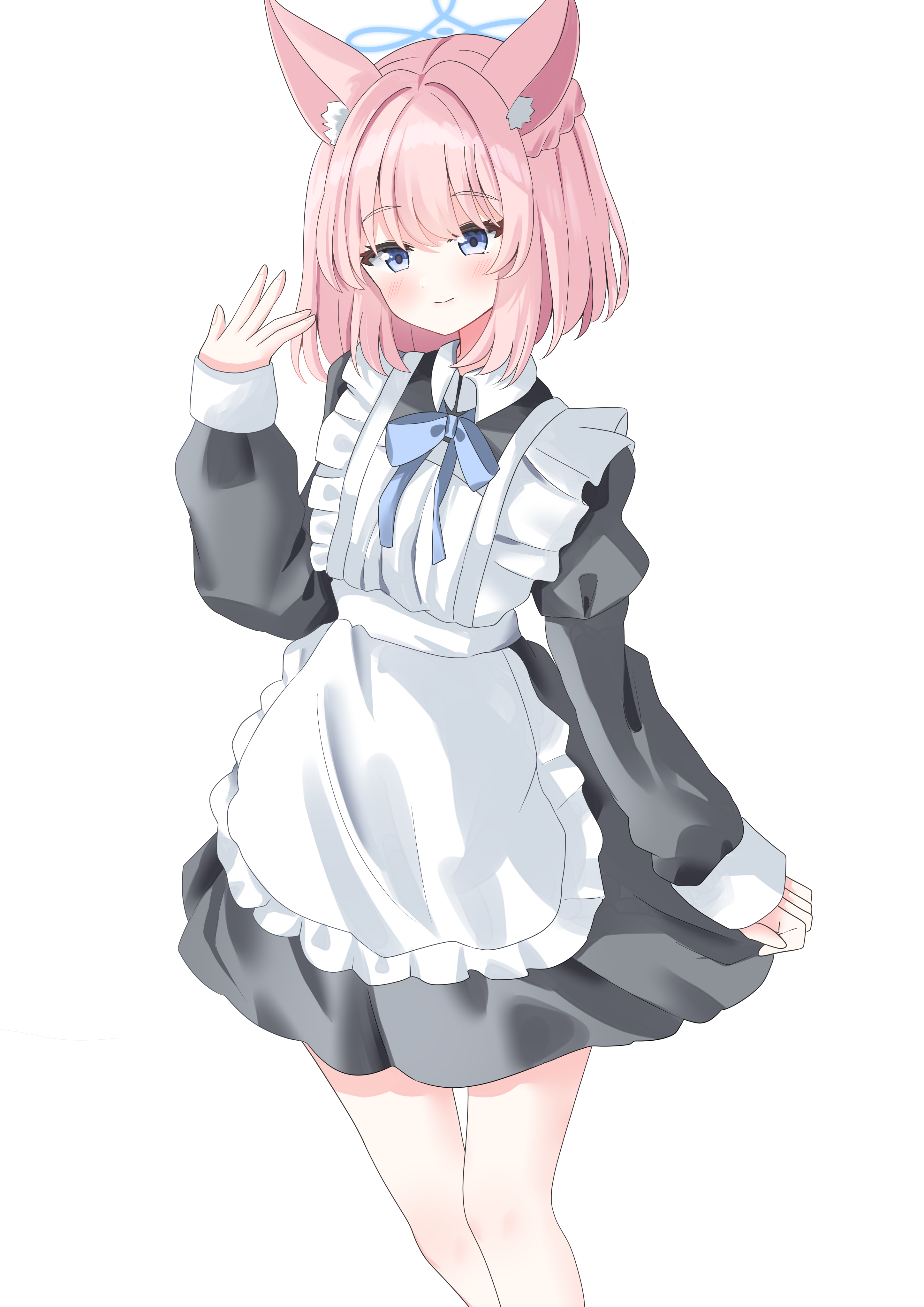 1girl absurdres alternate_costume alternate_hairstyle animal_ear_fluff animal_ears apron black_dress blue_archive blue_bow blue_bowtie blue_eyes blue_halo bow bowtie braid breasts closed_mouth commentary dress enmaided feet_out_of_frame fox_ears fox_girl frilled_apron frills hair_between_eyes half_up_braid halo hand_up highres juliet_sleeves long_sleeves looking_at_viewer maid maid_apron medium_hair niko_(blue_archive) pink_hair puffy_sleeves sitting_on_water smile solo split_mouth standing straight_hair white_apron yuzuline2080