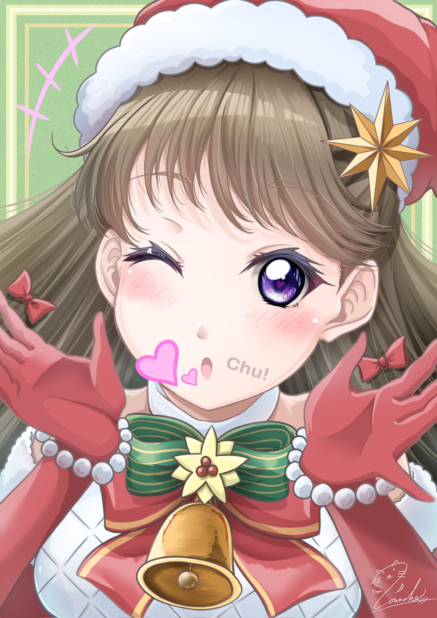 +++ 1girl ;o bell blowing_kiss blush breasts brown_hair commentary_request dress elbow_gloves fujishima_megumi gloves green_background green_ribbon hair_ornament half_updo hat highres large_breasts link!_like!_love_live! long_hair looking_at_viewer love_live! neck_bell official_alternate_costume one_eye_closed pinstripe_ribbon purple_eyes red_gloves red_hat ribbon santa_hat secret_christmas_(love_live!) signature solo souneko_123 star_(symbol) star_hair_ornament upper_body virtual_youtuber white_dress
