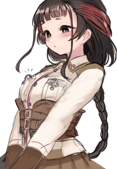 3girls black_hair blue_hair blunt_bangs blush braid breast_pocket breasts brown_eyes brown_hair brown_skirt fairy_(kancolle) grey_hair headband in_pocket kantai_collection long_braid long_hair mini_person minigirl multicolored_hair multiple_girls open_mouth parted_lips pocket red_hair simple_background single_braid skirt terrajin white_background yamashio_maru_(kancolle)
