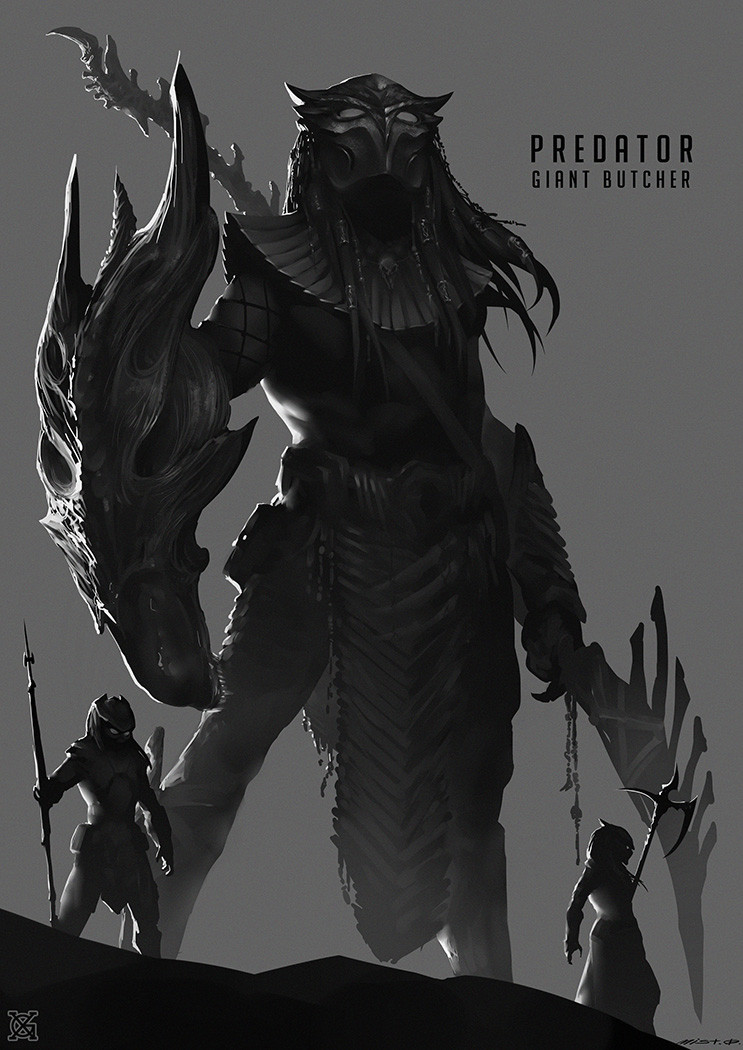 3boys alien alien_(series) alien_queen alien_vs._predator aliens_(1986) armor claws combistick crossover dreadlocks fangs fishnets gauntlets giant helmet holding holding_weapon long_hair mandibles mask monster multiple_boys muscular no_humans pauldrons predator_(character) predator_(series) shoulder_armor teeth thigh_armor weapon xenomorph xiaoguimist