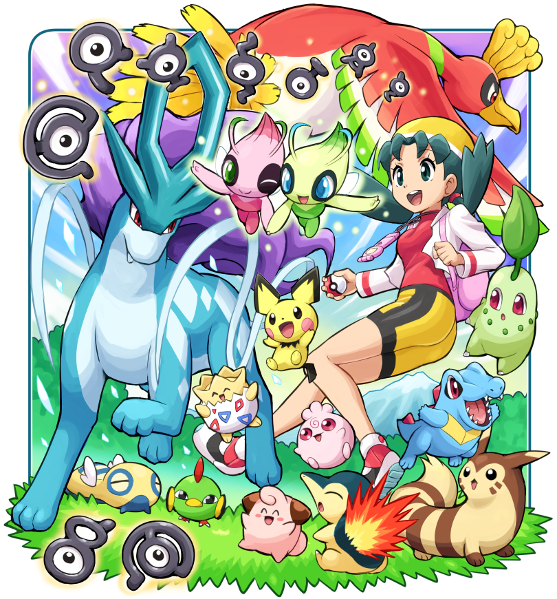 1girl alternate_color bike_shorts border celebi chikorita cleffa cyndaquil dunsparce furret game_freak gen_2_pokemon grass ho-oh holding holding_poke_ball igglybuff kris_(pokemon) legendary_pokemon mythical_pokemon natu nintendo pichu poke_ball poke_ball_(basic) pokegear pokemoa pokemon pokemon_(creature) pokemon_gsc shiny_and_normal shiny_pokemon smile starter_pokemon_trio suicune togepi totodile twintails unown unown_a unown_c unown_l unown_r unown_s unown_t unown_y unownglyphics white_border