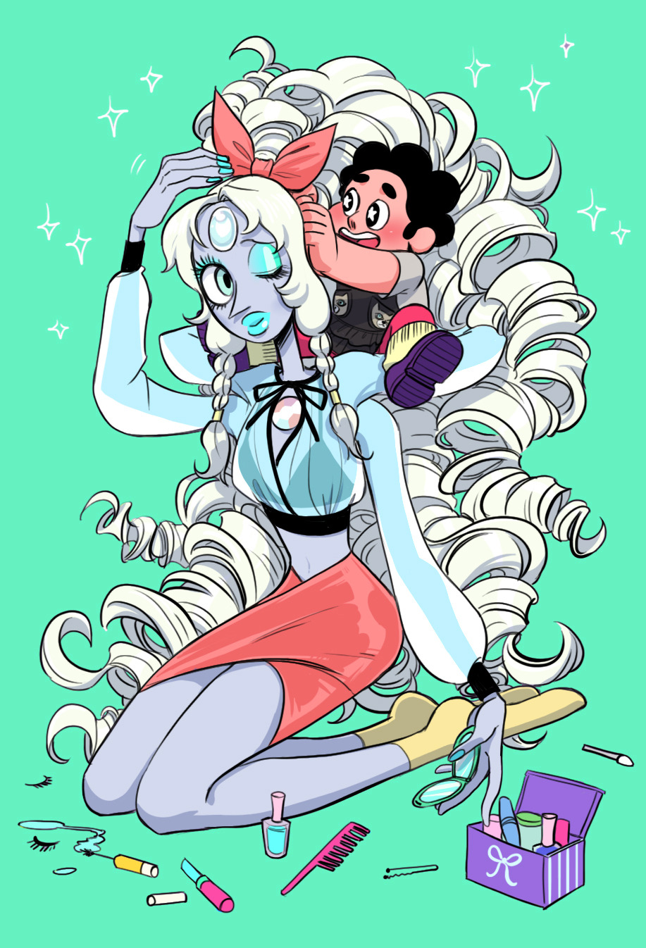 1boy 1girl aqua_eyeshadow aqua_lips crop_top curly_hair extra_arms eyeshadow highres junkmix_(c2ndy2c1d) long_hair looking_at_another makeup opal_(steven_universe) see-through_clothes see-through_sleeves sitting skirt steven_quartz_universe steven_universe very_long_hair