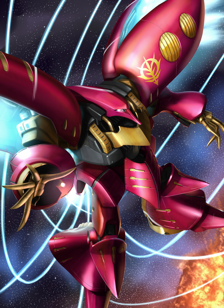 artist_request bit_(gundam) contrail emblem explosion gundam gundam_zz launching machinery mecha mecha_focus milky_way mobile_suit nebula neo_zeon no_humans one-eyed qubeley_mk_ii robot science_fiction space star_(sky) star_(symbol) starry_sky_background thrusters