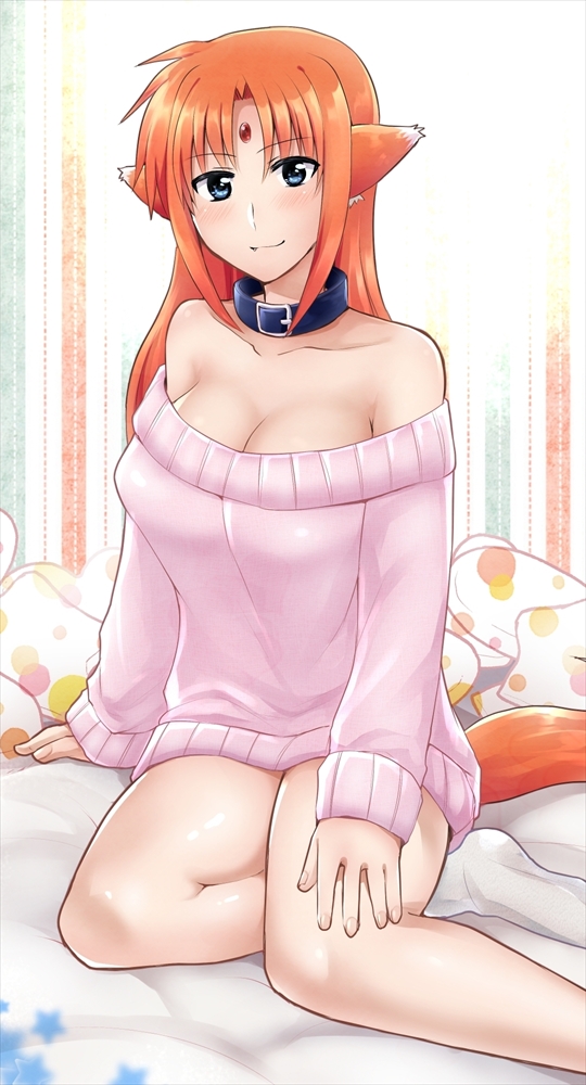 00s 1girl animal_collar animal_ears arf bad_id bad_pixiv_id bare_shoulders blue_eyes blush breasts cleavage collar familiar fang female_focus forehead_jewel large_breasts long_hair looking_at_viewer lyrical_nanoha mahou_shoujo_lyrical_nanoha nagashiro_rouge naked_sweater off_shoulder red_hair sitting smile socks solo sweater tail wolf_ears wolf_tail