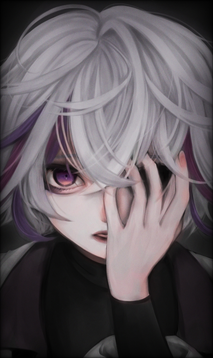 1boy bags_under_eyes black_shirt fuwa_minato grey_hair hair_between_eyes hand_on_own_face highres looking_at_viewer male_focus mi_oxo_9m missing_eye nijisanji parted_lips purple_eyes shirt solo turtleneck upper_body virtual_youtuber