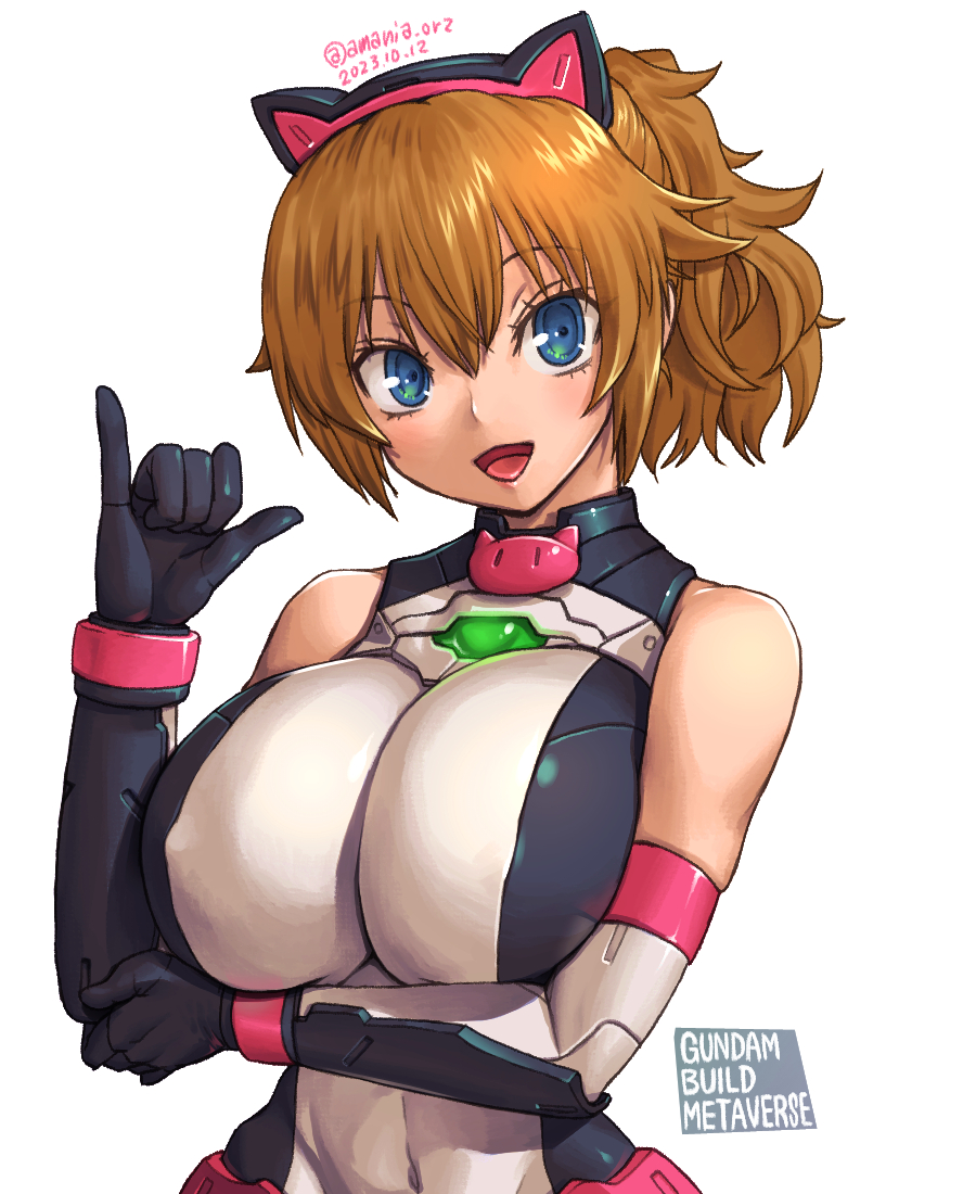 1girl amania_orz black_gloves breasts brown_hair covered_navel elbow_gloves fumina_avatar gloves green_eyes gundam gundam_build_metaverse hair_between_eyes hoshino_fumina large_breasts looking_at_viewer medium_hair open_mouth ponytail simple_background sleeveless smile solo tongue upper_body white_background