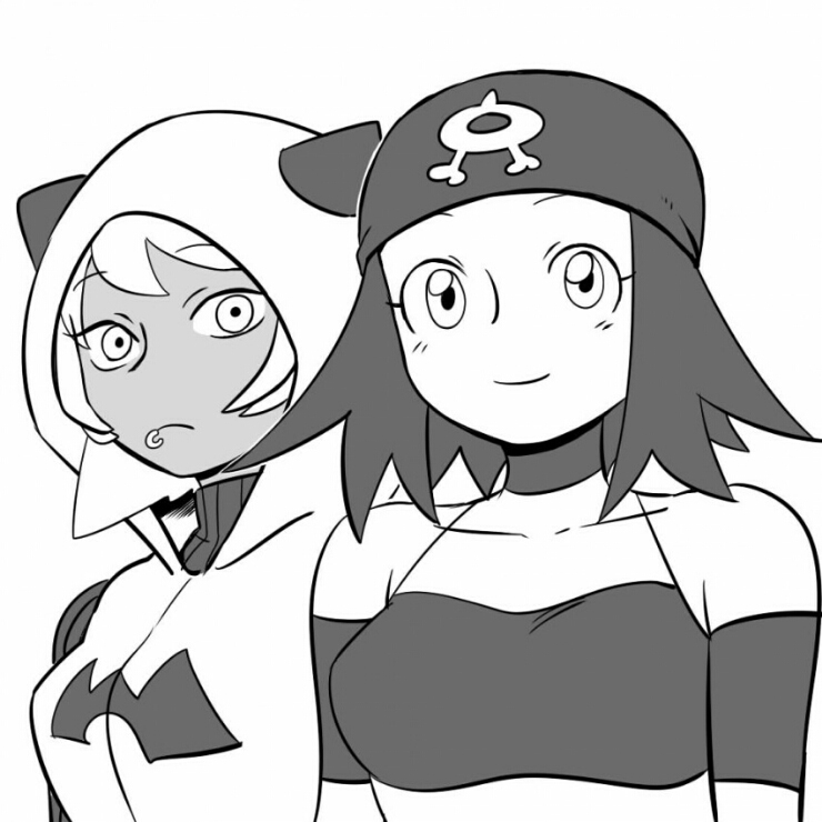 2girls bandana bare_shoulders blouse closed_mouth collarbone cosplay costume_switch eyebrows frown game_freak greyscale hood hood_up image_sample lip_piercing long_hair monochrome multiple_girls naver_sample nintendo nutkingcall piercing pokemon pokemon_oras shirt smile striped_clothes striped_shirt team_aqua team_aqua_grunt team_aqua_grunt_(oras) team_magma team_magma_grunt team_magma_grunt_(remake) turtleneck upper_body