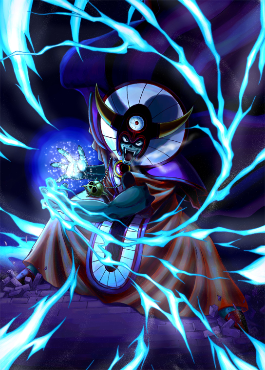1boy bloodshot_eyes blue_skin brick_floor cape colored_skin commentary_request dragon_quest dragon_quest_iii fake_horns floating_cape floating_clothes helmet horned_helmet horns imminent_attack jewelry looking_at_viewer magic male_focus muscular muscular_male nakajima_akihiko necklace open_mouth orange_robe purple_cape red_eyes robe sharp_teeth skull_necklace teeth third_eye zoma