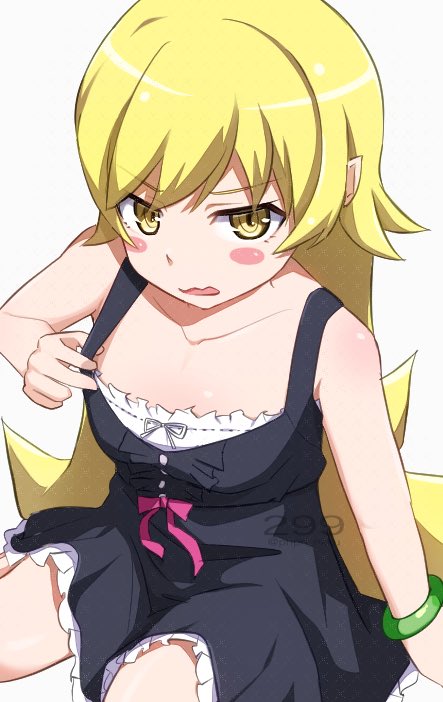 1girl bare_shoulders black_dress blonde_hair bracelet breasts cheek_bulge cleavage collarbone dress jewelry long_hair monogatari_(series) nisemonogatari oshino_shinobu pale_skin pointy_ears ribbon small_breasts tsukimonogatari white_background yellow_eyes