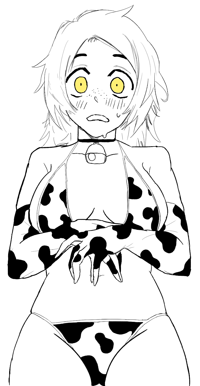 animal_print bell bikini blush collarbone cow_print cow_print_bikini cow_print_gloves freckles gloves highres julia_(the_coffin_of_andy_and_leyley) neck_bell non-web_source print_bikini print_gloves swimsuit the_coffin_of_andy_and_leyley yellow_eyes