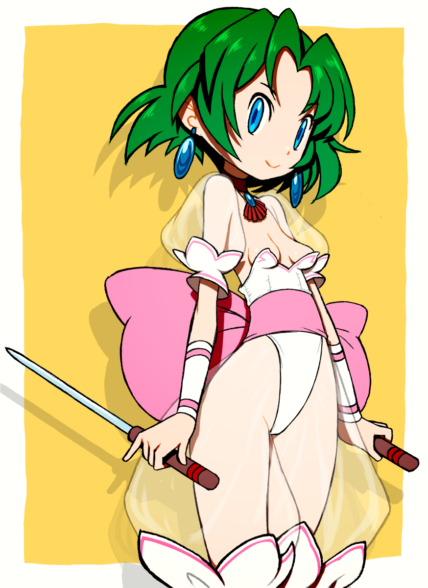 1girl back_bow beeru_(veil8801) blue_eyes bow breasts choker cleavage closed_mouth dagger drop_shadow dual_wielding earrings ellis_(toushinden) green_eyes highleg highleg_leotard highres holding holding_dagger holding_knife holding_weapon jewelry knife legs_together leotard pink_bow pink_sash puffy_short_sleeves puffy_sleeves red_choker sash see-through_clothes see-through_sleeves short_hair short_sleeves small_breasts smile solo standing strapless strapless_leotard toushinden weapon white_leotard