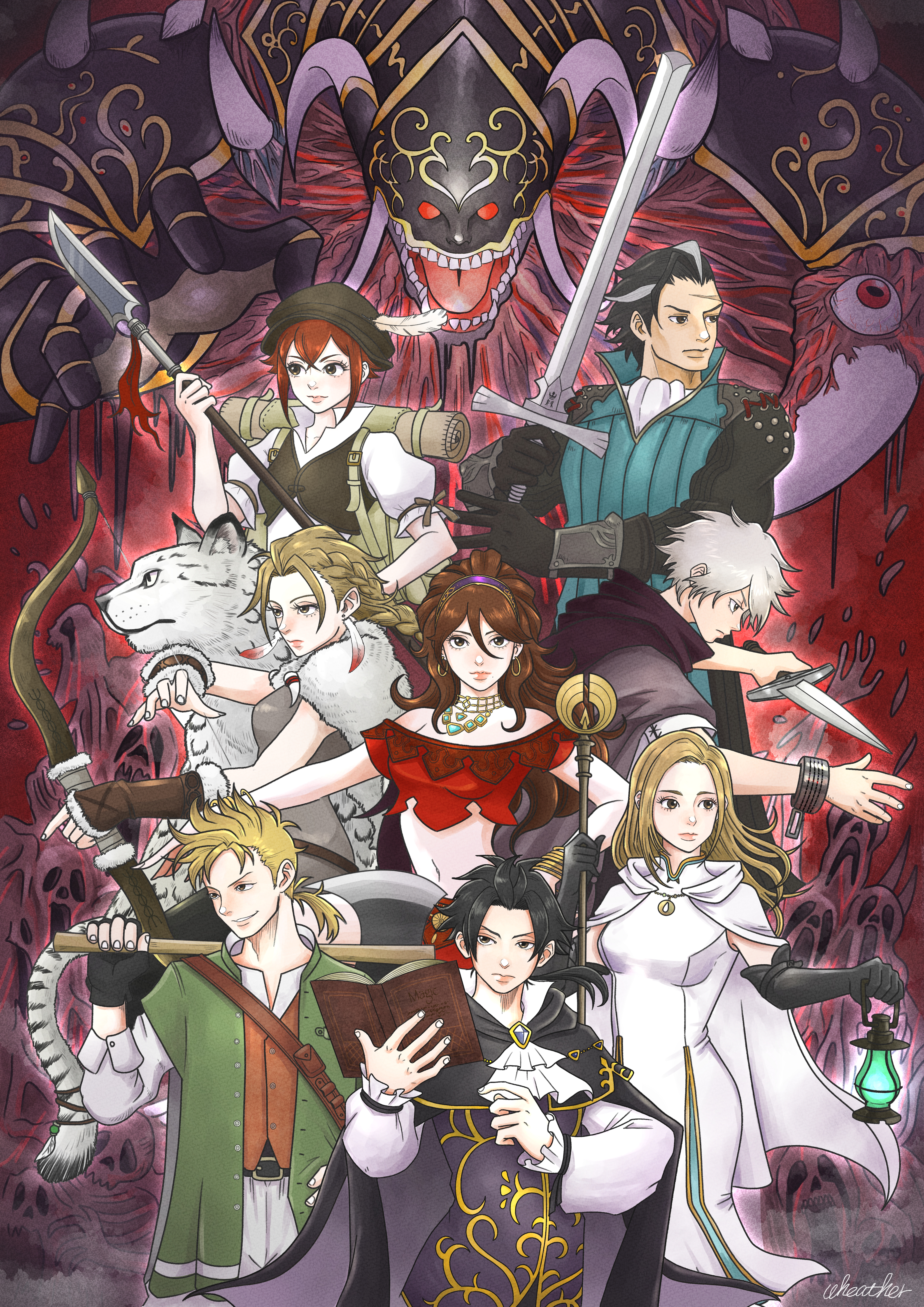 4boys 4girls absurdres alfyn_greengrass armor artist_name ascot backpack bag belt black_cape black_gloves black_hair book bow_(weapon) bracelet braid breasts brown_gloves brown_hair brown_vest cape character_request cyrus_albright dagger earrings elbow_gloves everyone extra_eyes feather_earrings feathers fighting_stance fingerless_gloves fur_trim ghost gloves gold_trim h&#039;aanit_(octopath_traveler) highres holding holding_dagger holding_knife holding_weapon hoop_earrings horns jewelry knife lantern medium_breasts midriff multicolored_hair multiple_boys multiple_girls navel necklace octopath_traveler octopath_traveler_i olberic_eisenberg open_mouth ophilia_clement ponytail primrose_azelhart red_eyes scar scar_on_face scar_on_forehead short_sleeves therion_(octopath_traveler) tressa_(octopath_traveler) tressa_colzione two-tone_hair vest weapon wheather white_ascot white_cape white_hair