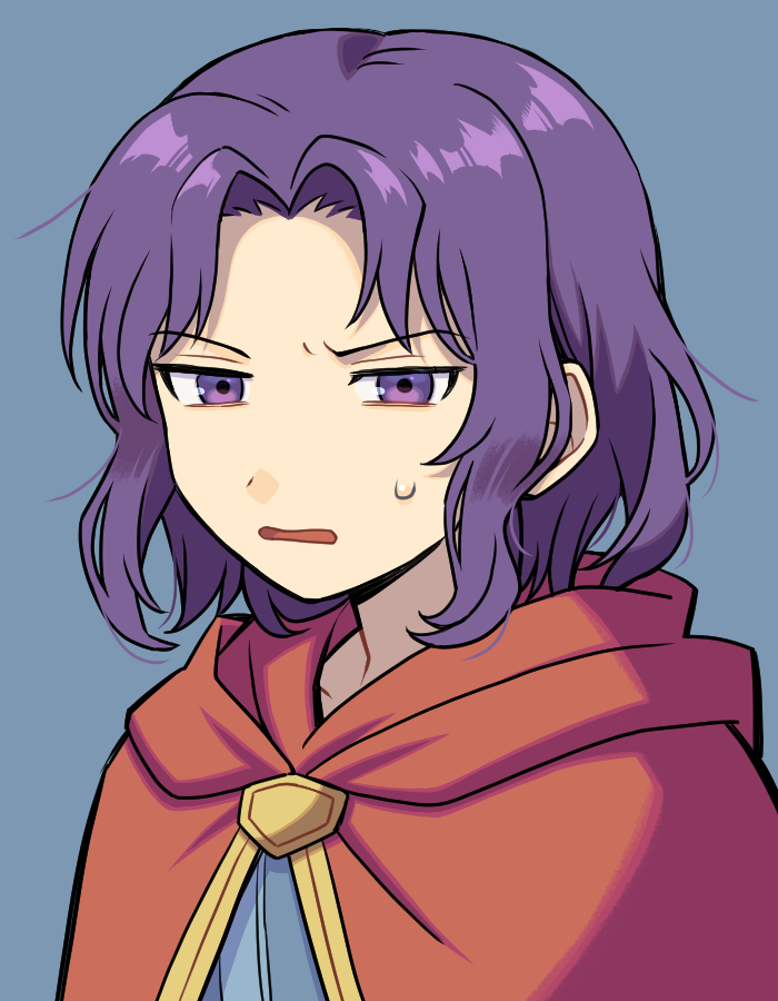 1boy bags_under_eyes blue_background cape disgust erk_(fire_emblem) fire_emblem fire_emblem:_the_blazing_blade looking_at_viewer male_focus nintendo numae_kaeru open_mouth purple_eyes purple_hair red_cape short_hair simple_background solo sweatdrop upper_body