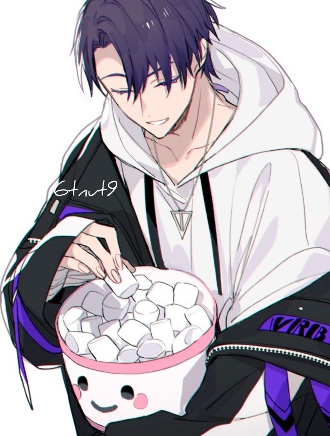 1boy 6tnut9 artist_name bandaged_hand bandages black_jacket bucket closed_eyes collarbone commentary_request drawstring food grin hair_between_eyes hand_up holding holding_bucket holding_food hood hood_down hoodie jacket jacket_over_hoodie jewelry kenmochi_touya kenmochi_touya_(8th_costume) long_sleeves male_focus marshmallow necklace nijisanji off_shoulder open_clothes open_jacket parted_bangs parted_lips purple_hair purple_ribbon ribbon short_hair simple_background sleeves_past_wrists smile solo triangle_necklace upper_body virtual_youtuber white_background white_hoodie zipper