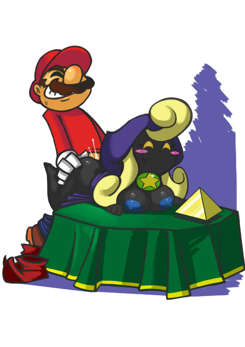 1boy 1girl ^_^ bittenhard black_skin blonde_hair blue_skin blush_stickers boots breast_press breasts breasts_out brown_hair closed_eyes colored_skin curly_hair facial_hair gloves grabbing_another&#039;s_ass grin groping hat hetero hood interspecies large_breasts long_hair lying mario mario_(series) merluvlee mustache nintendo nipples on_stomach on_table pants_around_one_leg paper_mario paper_mario_64 sex sex_from_behind shoes smile standing sweatdrop table unworn_shoes