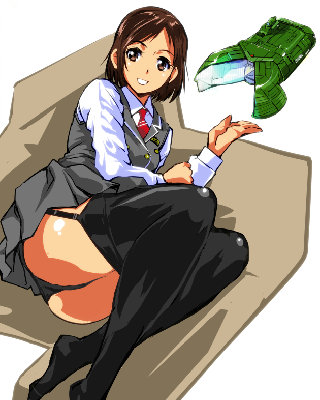 1girl aircraft arm_up ass black_thighhighs brown_eyes brown_hair buttons commentary crystal diamond_(gemstone) double-breasted drone energy_weapon female_focus fire-mirror flying_submarine garter_straps gem godzilla_(series) godzilla_vs._biollante grey_panties grey_skirt grey_vest gunship jacket japan_air_self-defense_force japan_maritime_self-defense_force japan_self-defense_force kamisimo_90 kneepits long_sleeves looking_at_viewer lying military military_vehicle mirror on_side open_mouth original panties pleated_skirt red_neckwear school_uniform ship shirt short_hair skirt solo submarine super-x2 thighhighs toho underwear unmanned_aerial_vehicle unmanned_combat_aerial_vehicle unmanned_underwater_vehicle vest vtol warship watercraft white_shirt