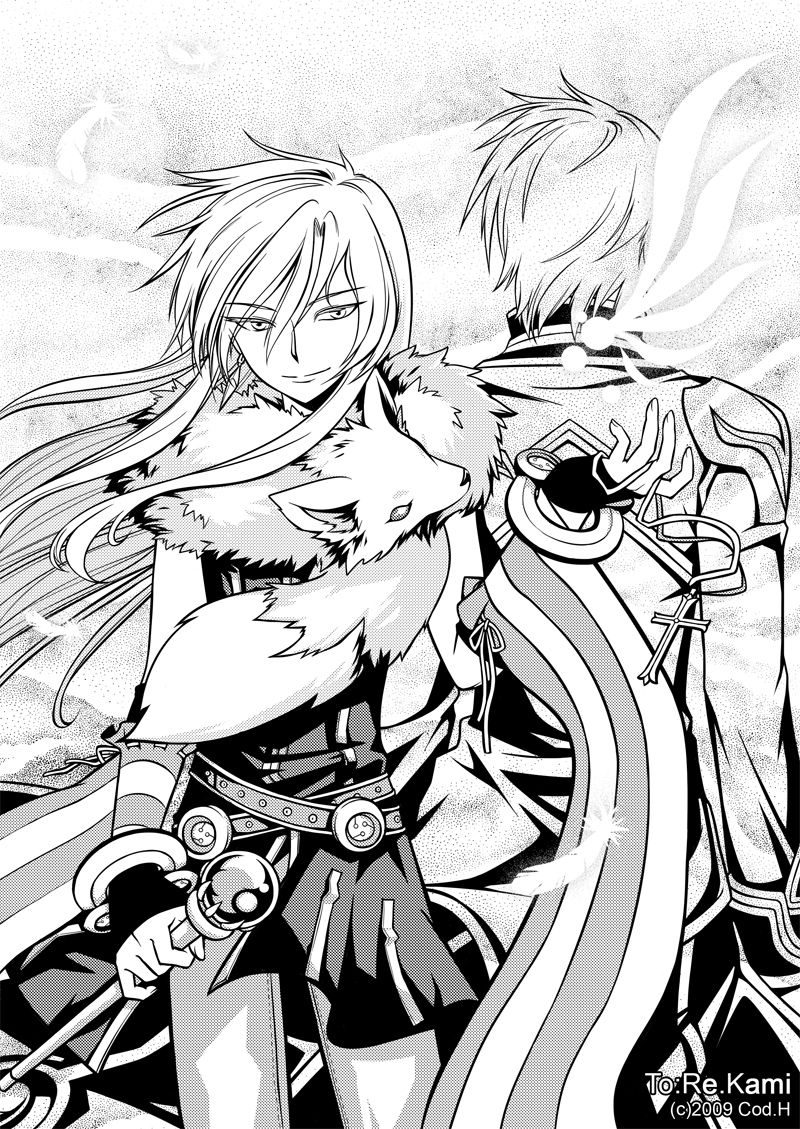 2boys animal animal_around_neck back-to-back belt bishounen closed_mouth cod.h commentary_request cowboy_shot detached_sleeves fingerless_gloves fox gloves greyscale high_priest_(ragnarok_online) holding holding_staff long_hair long_sleeves looking_at_viewer male_focus monochrome multiple_boys pants professor_(ragnarok_online) ragnarok_online shirt sleeveless sleeveless_shirt smile solo_focus staff striped_sleeves