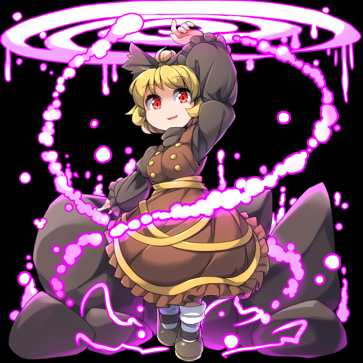 1girl arm_up black_background black_shirt black_shoes blonde_hair bow breasts brown_dress buttons commentary_request dress female_focus full_body fun_bo hair_bow index_finger_raised kurodani_yamame long_sleeves looking_at_viewer magic medium_breasts open_mouth puffy_long_sleeves puffy_sleeves red_eyes rock shirt shoes short_hair simple_background sleeves_past_wrists smile socks solo spiral standing touhou white_socks