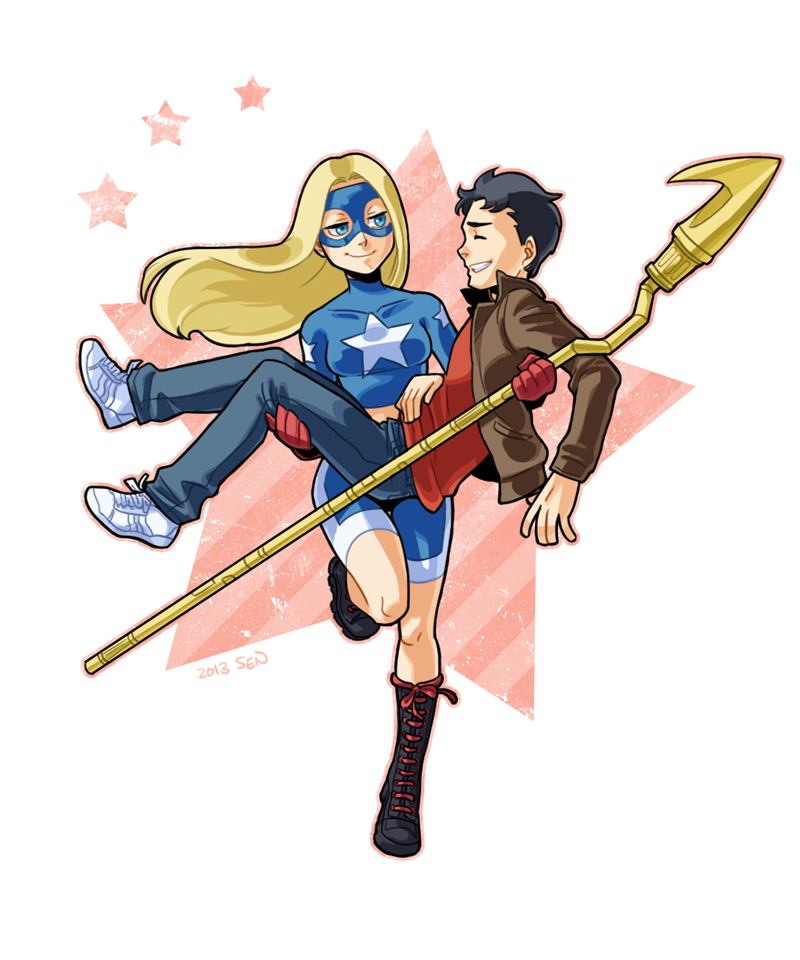 1boy 1girl belt billy_batson black_hair blonde_hair blue_eyes boots carrying courtney_whitmore crop_top dc_comics denim domino_mask gloves jacket jeans justice_society_of_america long_hair mask pants princess_carry reverse_princess_carry sen_(pixiv111638) shazam shoes shorts skin_tight smile sneakers staff star_(symbol) stargirl