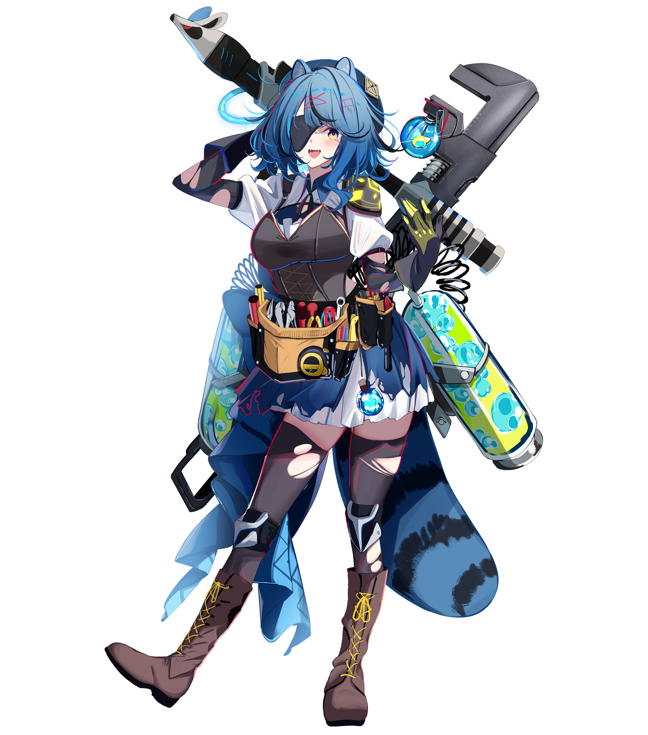 1girl :d absurdres animal_ears black_gloves black_hair black_thighhighs blue_hair boots breasts brown_boots eyepatch fangs gloves gun hair_ornament hairclip highres holding holding_weapon komupi large_breasts lower_teeth_only mischief_eve multicolored_hair official_art open_mouth pleated_skirt puffy_short_sleeves puffy_sleeves raccoon_ears raccoon_tail short_sleeves simple_background skirt smile solo specialite_(company) specialite_en streaked_hair tail teeth thighhighs tongue torn_clothes torn_thighhighs transparent_background virtual_youtuber weapon weapon_on_back white_skirt x_hair_ornament yellow_eyes
