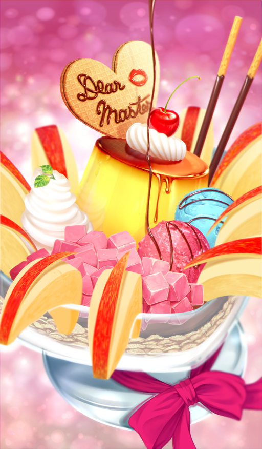 apple apple_slice bow cherry chocolate chocolate_syrup commentary cube cursive dessert english_text fate/grand_order fate_(series) food food_focus food_request food_writing fruit garnish hayosena heart heart-shaped_food ice_cream lipstick_mark mint mint_leaf no_humans official_art pink_background pink_bow pocky pouring pudding pudding_a_la_mode still_life third-party_source wafer whipped_cream