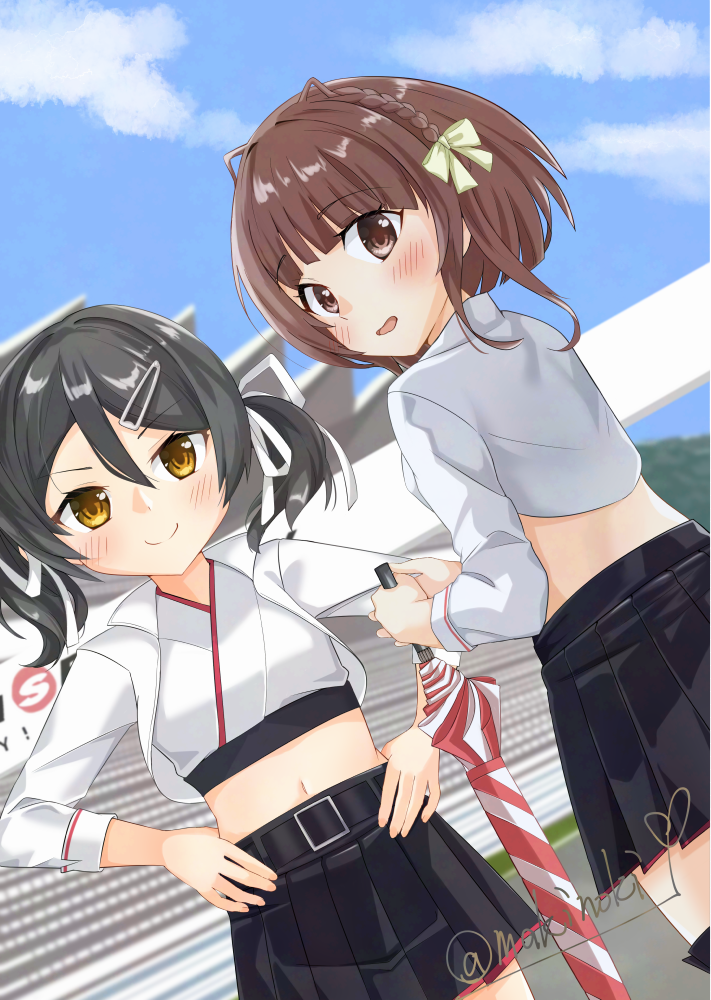 2girls black_eyes black_skirt blue_sky braid brown_eyes brown_hair closed_umbrella cloud collared_jacket commentary_request cosplay cropped_jacket cropped_kimono day dutch_angle hair_ornament hairclip hands_on_own_hips inagi_(kancolle) jacket kantai_collection kongou_(kancolle) kongou_(kancolle)_(cosplay) kongou_(race_queen)_(kancolle) low_twintails makinoki miniskirt multiple_girls outdoors pleated_skirt popped_collar race_queen short_hair single_braid skirt sky twintails ukuru_(kancolle) umbrella white_jacket yellow_eyes