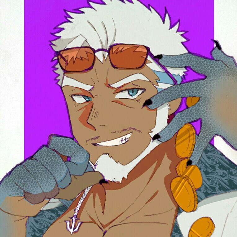 1boy aegir_(housamo) anchor_earrings aqua_hair bara beard blue_eyes coin dark-skinned_male dark_skin earrings facial_hair finger_to_own_chin fingernails fins fish_boy goburin_second gold_coin grin holding holding_coin jewelry looking_at_viewer male_focus mature_male multicolored_hair mustache_stubble open_clothes open_shirt pectoral_cleavage pectorals portrait rich seductive_smile sharp_fingernails short_hair single_earring smile solo streaked_hair stubble thick_eyebrows tokyo_houkago_summoners v-shaped_eyebrows white_hair