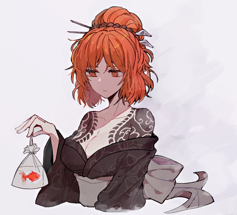 1girl bare_shoulders black_kimono bow breasts cleavage grey_bow grey_sash hair_bun hair_ornament hair_stick ishmael_(project_moon) japanese_clothes kimono kurokumo_clan_(identity)_(project_moon) large_breasts limbus_company medium_hair off_shoulder orange_eyes orange_hair project_moon rope sash_bow shoulder_tattoo solo tattoo yono_neie