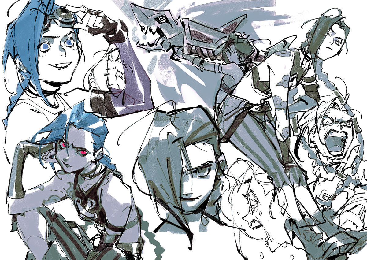 1girl arcane:_league_of_legends arm_tattoo asymmetrical_bangs blue_eyes blue_hair braid cloud_tattoo crop_top elbow_gloves fingerless_gloves gloves goggles goggles_on_head hair_over_one_eye jinx_(league_of_legends) league_of_legends long_hair loveariddle pants pink_eyes rocket_launcher striped_clothes striped_pants tattoo twin_braids very_long_hair weapon