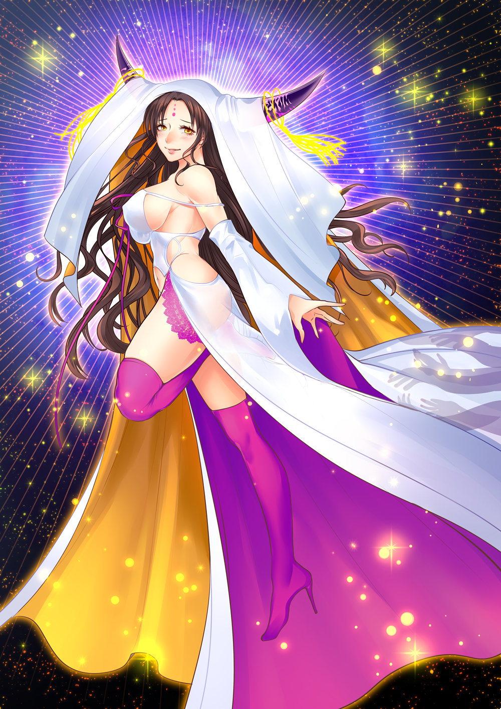1girl boots breasts brown_hair commentary covered_erect_nipples detached_sleeves dress fate/grand_order fate_(series) from_side full_body glowing hakkasui halo halo_behind_head high_heel_boots high_heels highres horn_ornament horn_ring horns large_breasts leg_up long_dress long_hair long_sleeves looking_at_viewer multicolored_horns navel outline panties parted_bangs parted_lips pink_boots pink_horns pink_panties pink_ribbon print_dress purple_horns ribbon sessyoin_kiara sessyoin_kiara_(heaven&#039;s_hole) sessyoin_kiara_(third_ascension) sideboob sidelocks smile solo space star_(symbol) tassel thigh_boots underwear veil very_long_hair white_dress white_sleeves white_veil wide_sleeves yellow_eyes yellow_outline