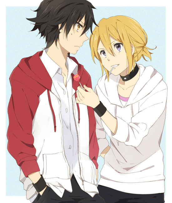 1boy 1girl bad_id bad_pixiv_id black_hair blonde_hair blouse blue_background blue_eyes candy choker food fujisaki_yuusuke hands_in_pockets holding hood hoodie karuha lollipop onizuka_hime raglan_sleeves shirt short_hair sket_dance sleeves_pushed_up sweatdrop sweater wristband yellow_eyes