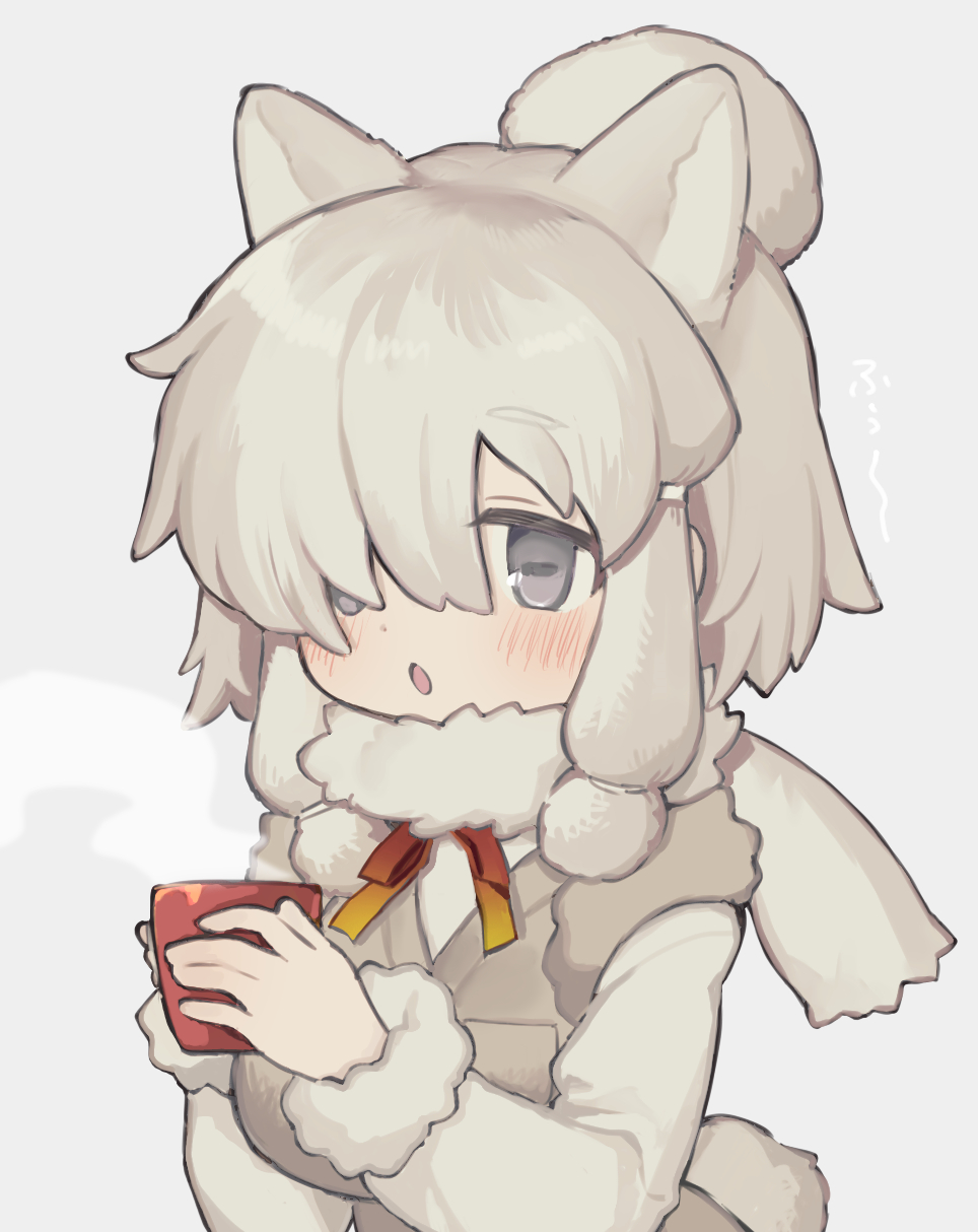 1girl :o alpaca_ears alpaca_girl alpaca_suri_(kemono_friends) alpaca_tail animal_ears blue_eyes blush bow bowtie brown_vest cup extra_ears fur_collar fur_trim hair_bun hair_over_one_eye hair_tubes highres kemono_friends long_sleeves mug noamem red_bow red_bowtie sidelocks solo steam sweater tail upper_body vest white_fur white_sweater