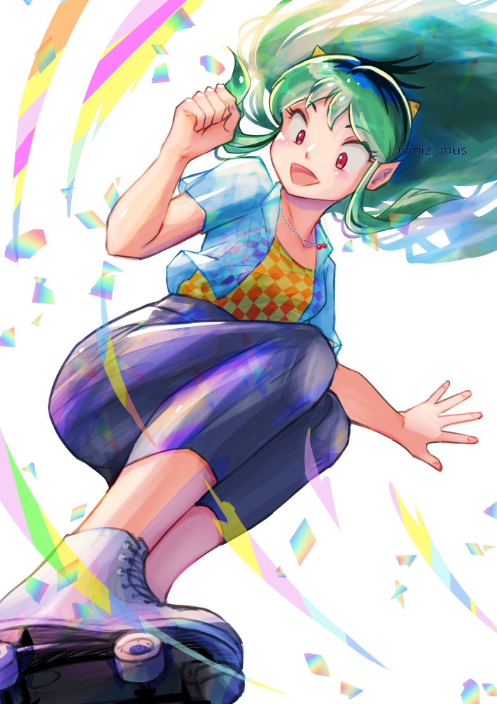 1girl black_pants blue_shirt breasts checkered_clothes checkered_shirt commentary cone_horns floating_hair green_hair horns jewelry long_hair looking_down lum miz_mus necklace official_alternate_costume oni open_clothes open_mouth open_shirt orange_shirt pants pointy_ears red_eyes roller_skates see-through_clothes see-through_shirt shirt sidelocks skates skin_tight small_breasts smile solo standing urusei_yatsura yoga_pants