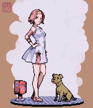 1girl arnold_(jojo) bauri_andres dog dress full_body hairband hand_on_own_hip jojo_no_kimyou_na_bouken lowres pink_eyes pink_hair pixel_art sandals sugimoto_reimi watermark white_dress