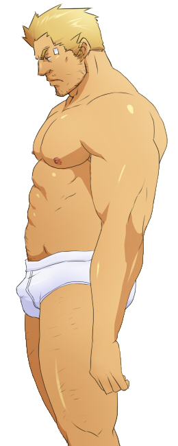 1boy abs bandaid bandaid_on_head bara bare_pectorals beard_stubble biceps bulge closed_mouth commentary_request facial_hair final_fantasy final_fantasy_vii from_side looking_to_the_side magnum_feering male_focus male_underwear muscular muscular_male nipples pectorals profile stubble topless_male underwear white_background white_male_underwear