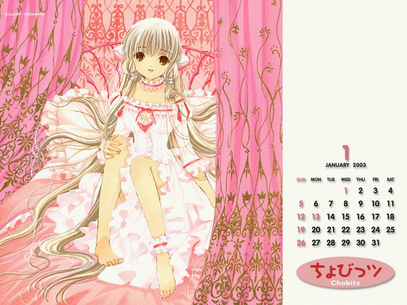 00s 1girl 2003 blonde_hair brown_eyes calendar calendar_(medium) chii chobits clamp dress feet long_hair looking_at_viewer official_art pink_theme scan sitting solo very_long_hair