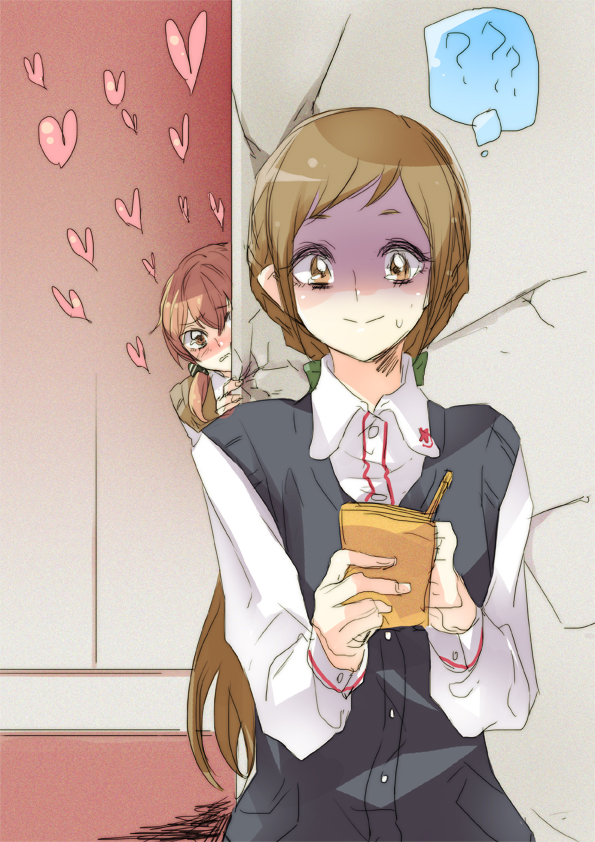 2girls aihara_miki brown_hair clenched_teeth crack cracked_wall false_smile heart liarsoft long_hair maki_seina multiple_girls okujou_no_yurirei-san ponytail school_uniform short_hair short_twintails smile teeth tima twintails yuri