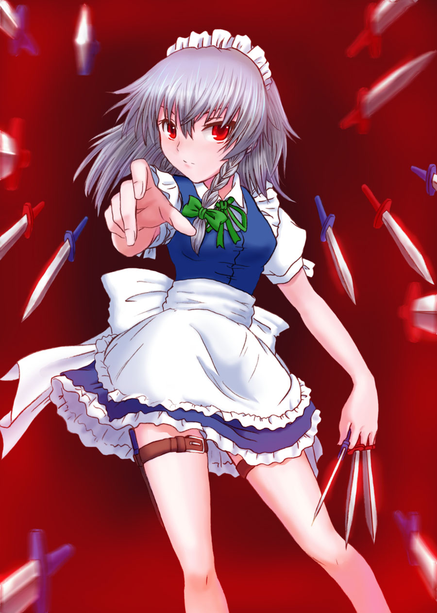 1girl bad_anatomy bad_id bad_pixiv_id embodiment_of_scarlet_devil female_focus gradient_background highres izayoi_sakuya knife maid maid_headdress red_eyes silver_hair solo throwing_knife touhou weapon windtalker