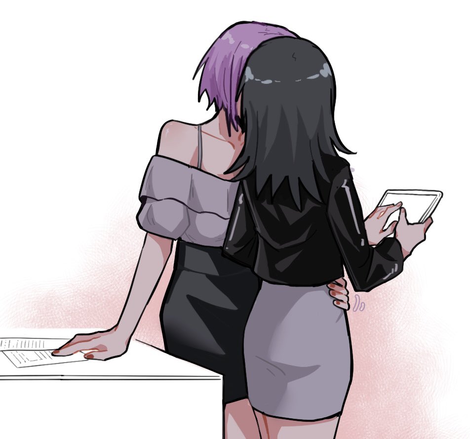 2girls bang_dream! bang_dream!_it&#039;s_mygo!!!!! black_hair black_jacket black_skirt frilled_shirt frills grey_shirt grey_skirt hand_on_another&#039;s_waist holding holding_tablet_pc jacket kiss long_hair medium_hair multiple_girls nail_polish off-shoulder_shirt off_shoulder purple_eyes red_eyes red_nails shirt short_hair simple_background skirt tablet_pc white_background xiaowu0074 yahata_umiri yuri yuutenji_nyamu