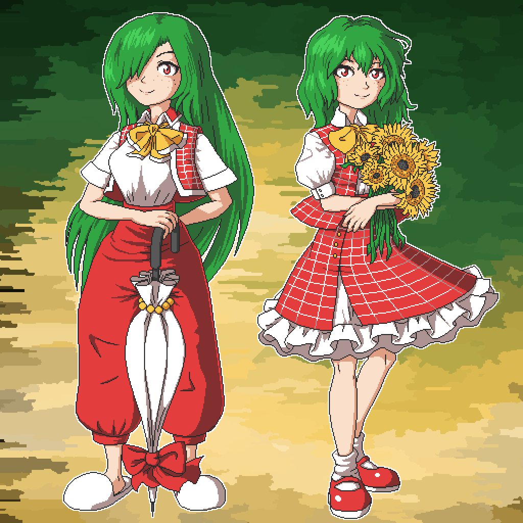 2girls aksawshin ascot closed_umbrella dual_persona field flower flower_field freckles green_hair kazami_yuuka kazami_yuuka_(pc-98) long_hair mary_janes multiple_girls open_clothes open_vest pants parasol pixel_art plaid_clothes plaid_skirt plaid_vest red_eyes red_footwear red_pants red_vest shoes short_hair skirt skirt_set slippers smile socks sunflower sunflower_field touhou umbrella vest white_footwear yellow_ascot