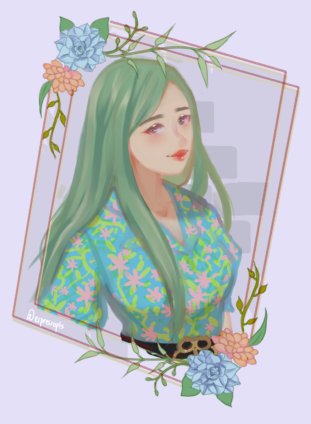1girl atelierrou belt closed_mouth commentary english_commentary flower gfriend green_hair highres k-pop long_hair looking_at_viewer purple_background real_life sinb_(gfriend) smile solo swept_bangs twitter_username upper_body