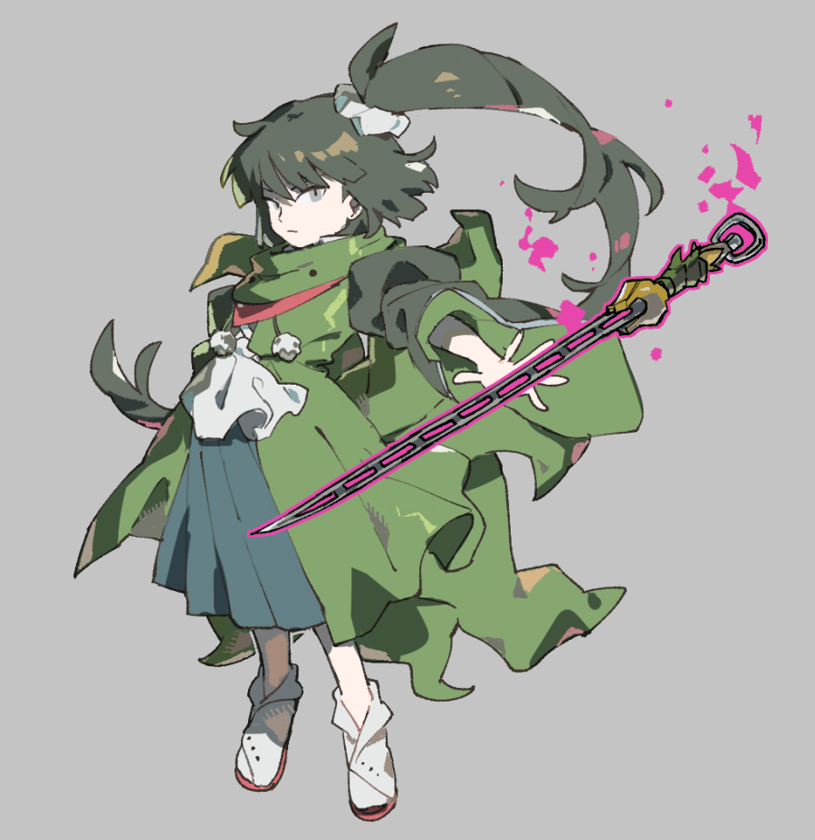 1other adagumo_no_yaorochi androgynous black_hair black_kimono black_sleeves blue_hakama blue_skirt bottle_opener buttons closed_mouth coat commentary english_commentary fingernails frown glowing glowing_sword glowing_weapon green_coat green_scarf green_sleeves grey_background grey_eyes hair_ornament hair_scrunchie hakama hakama_skirt high_side_ponytail japanese_clothes jeto_(jetopyon) kimono len&#039;en long_hair long_sleeves looking_at_viewer multiple_tails neckerchief open_clothes open_coat other_focus outstretched_arm pom_pom_(clothes) red_neckerchief red_sandals sandals scarf scrunchie skirt sleeveless sleeveless_coat slit_pupils snake_tail socks solo tail tasouken two-sided_sleeves v-shaped_eyebrows weapon white_socks wide_sleeves