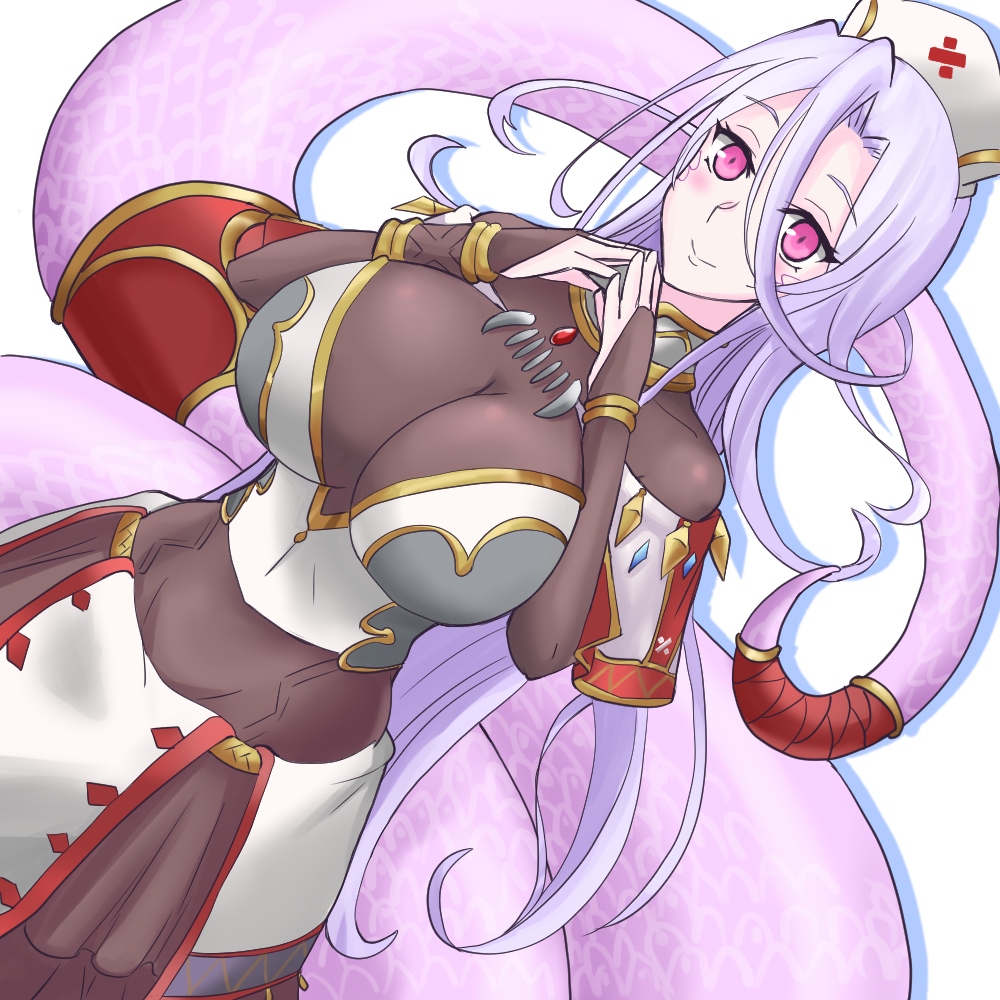 1girl blush bodystocking bodysuit breasts brown_bodysuit closed_mouth cropped_shirt eyebrows eyelashes female_focus full_body grey_shirt hair_between_eyes hands_up hat lamia large_breasts long_hair looking_at_viewer monster_girl monster_musume_no_oisha-san multicolored_shirt nurse nurse_cap off-shoulder_shirt off_shoulder own_fingers_together pink_eyes purple_hair purple_scales red_shirt red_skirt saphentite_neikes scales shirt simple_background skirt smile snake_girl solo tweela two-tone_skirt white_background white_shirt white_skirt yellow_shirt