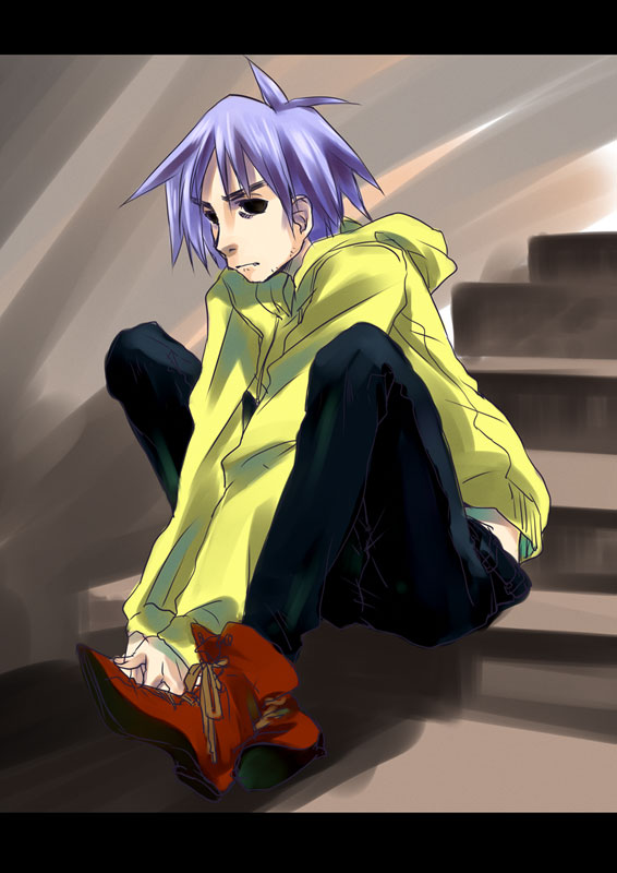 1boy 2d_(gorillaz) gorillaz male_focus purple_hair short_hair sitting solo