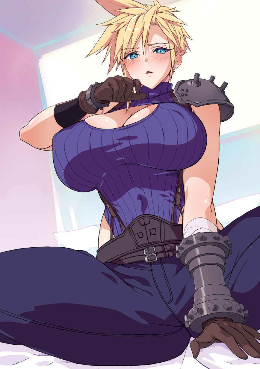 1girl blonde_hair blue_eyes blush breasts cleavage cleavage_cutout clothing_cutout cloud_strife final_fantasy final_fantasy_vii genderswap genderswap_(mtf) gloves highres large_breasts looking_at_viewer solo spiked_hair square_enix yajiro_masaru