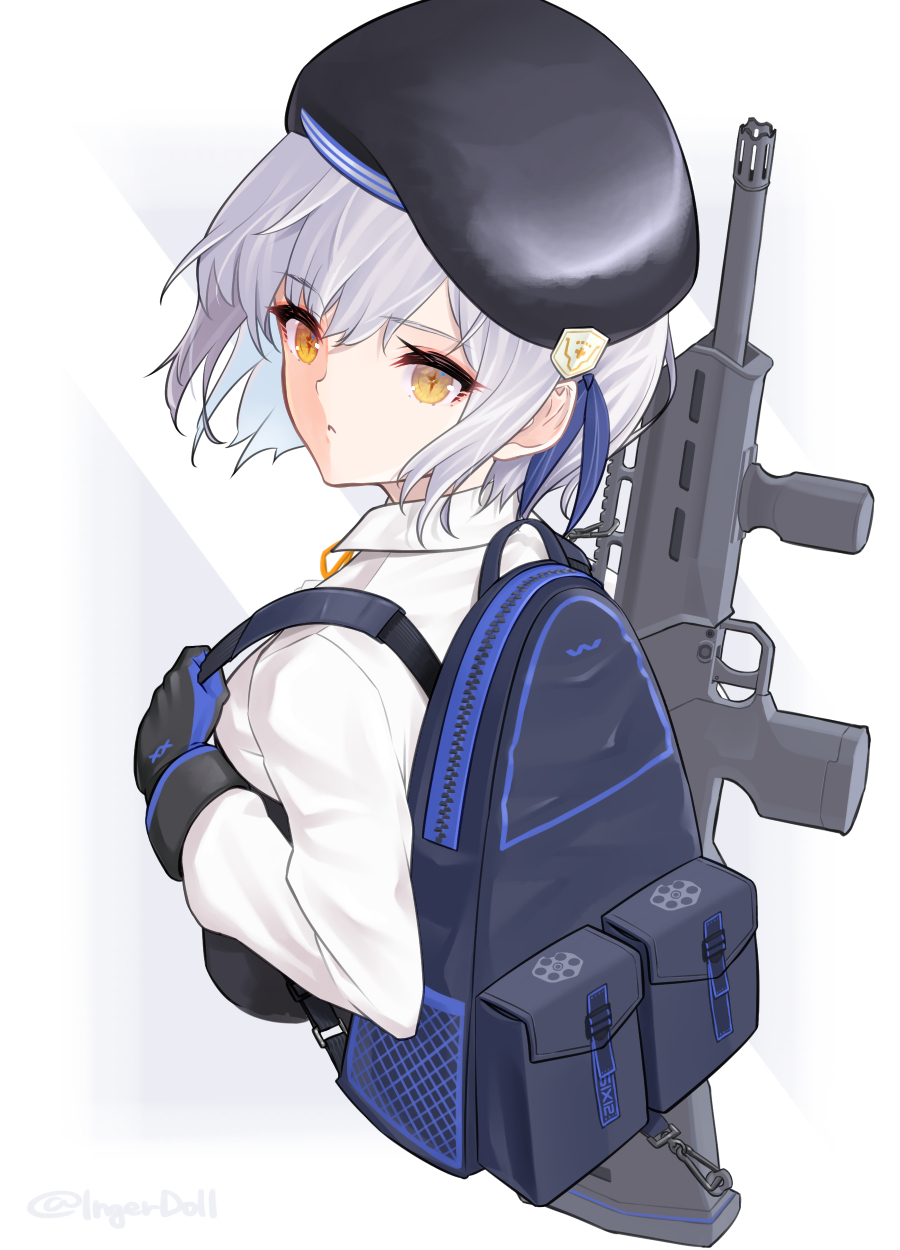 1girl assault_rifle backpack bag beret black_gloves blue_hair bullpup closed_mouth extended_barrel gas-seal_revolver girls&#039;_frontline gloves gun hat highres ingerdoll integrally-suppressed_firearm light_blue_hair looking_at_viewer modular_weapon_system muzzle_device over_shoulder quick-change_barrel_system revolver_shotgun rifle semi-automatic_shotgun shirt short_hair shotgun simple_background six12 six12_(girls&#039;_frontline) solo stand-alone_configuration transforming_weapon twitter_username upper_body weapon weapon_over_shoulder white_shirt yellow_eyes