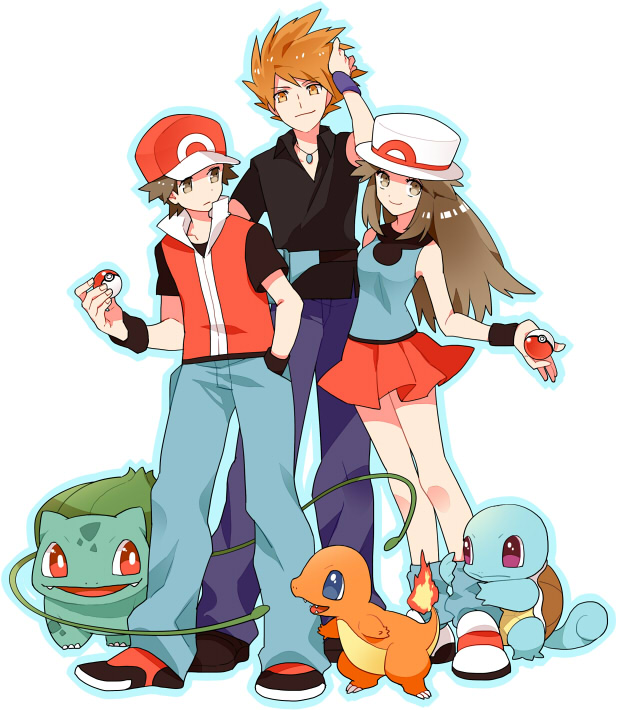 00s 1girl 2boys baseball_cap blue_eyes blue_oak brown_eyes brown_hair bulbasaur charmander fangs fanny_pack fire flame-tipped_tail gen_1_pokemon gum_(gmng) gumidemo_kandero hand_in_pocket hat jewelry leaf_(pokemon) long_hair looking_at_another looking_at_viewer loose_socks multiple_boys necklace nintendo open_mouth orange_eyes orange_hair outline plant poke_ball poke_ball_(basic) pokemon pokemon_(creature) pokemon_frlg popped_collar red_(pokemon) red_eyes simple_background skirt smile smirk socks spiked_hair squirtle standing starter_pokemon_trio tail vines white_background wristband
