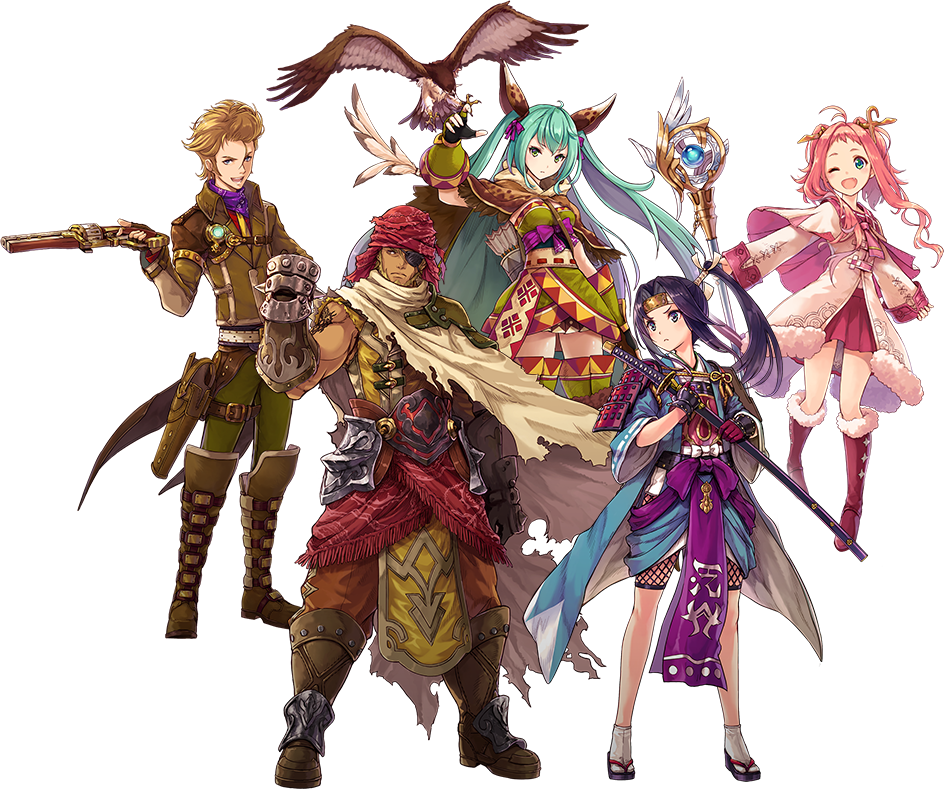 2boys 3girls ahoge amane_(ta_ga_tame_no_alchemist) arm_guards arm_tattoo armor ascot black_gloves blonde_hair blue_eyes boots brown_boots brown_jacket dark-skinned_male dark_skin edgar_(ta_ga_tame_no_alchemist) eyepatch fingerless_gloves forehead full_body gloves green_eyes green_hair green_pants green_skirt gun high_ponytail holding holding_gun holding_staff holding_sword holding_weapon jacket japanese_armor kamui_(ta_ga_tame_no_alchemist) lisbeth_finn_lustburg long_hair looking_at_viewer multiple_boys multiple_girls muscular muscular_male official_art orange_pants pants pink_ascot pink_boots pink_hair pink_skirt pleated_skirt ponytail purple_eyes purple_hair rinzo sandals second-party_source sheath shoulder_armor simple_background skirt socks staff sword ta_ga_tame_no_alchemist tabi tattoo tina_(ta_ga_tame_no_alchemist) transparent_background two_side_up weapon white_socks zouri